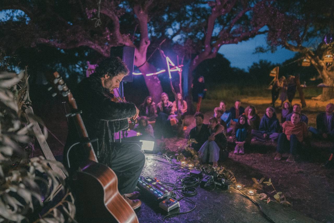 A musician performing for a seated audience beneath trees at night
